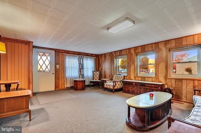 sitting room featuring wood walls and carpet floors