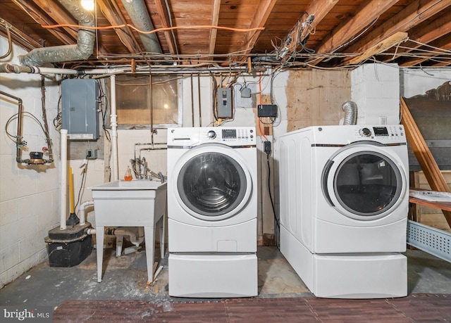 laundry room with electric panel, laundry area, and washer and dryer