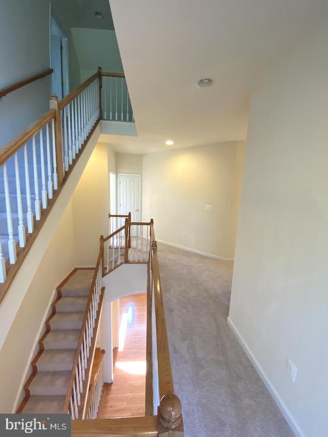 staircase featuring carpet floors, recessed lighting, baseboards, and a towering ceiling