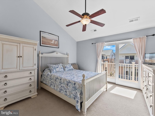 bedroom with light carpet, visible vents, vaulted ceiling, and access to outside