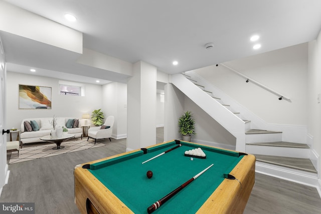 game room featuring recessed lighting, wood finished floors, and baseboards