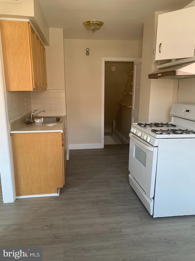 kitchen with dark wood finished floors, tasteful backsplash, white gas range, and a sink