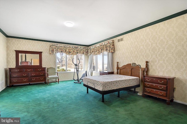 carpeted bedroom featuring visible vents, baseboards, crown molding, and wallpapered walls