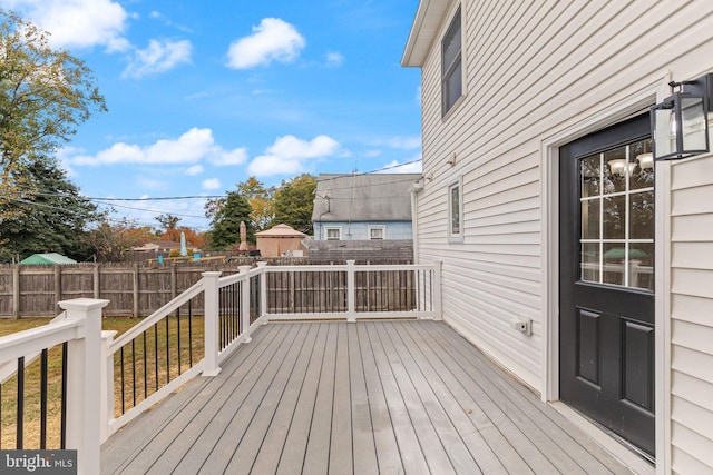 wooden terrace with a fenced backyard