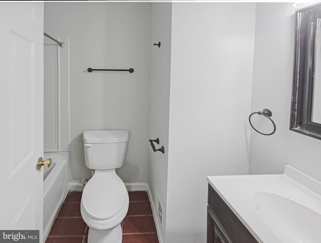 full bath featuring vanity, baseboards, shower / washtub combination, tile patterned floors, and toilet