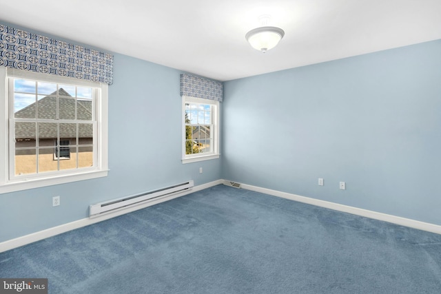 unfurnished room with baseboards, baseboard heating, and carpet floors