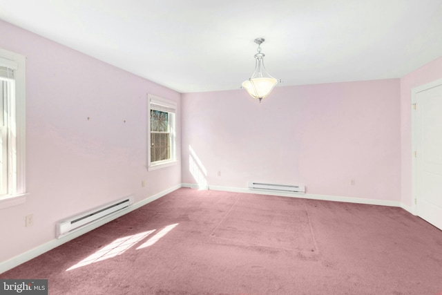 empty room featuring a baseboard radiator, carpet floors, and baseboards