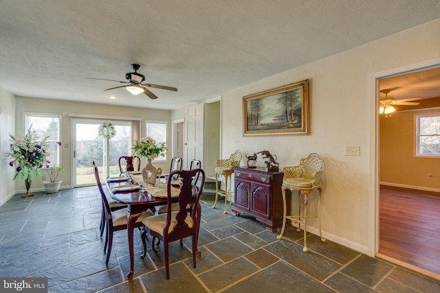 dining area featuring ceiling fan, baseboards, a wealth of natural light, and stone tile flooring