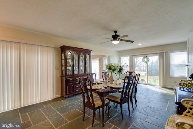 dining room with a textured ceiling, stone tile floors, baseboards, and ceiling fan