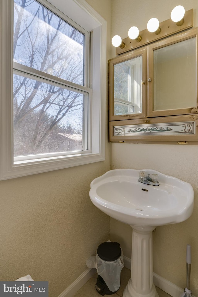 bathroom with plenty of natural light, baseboards, and a sink