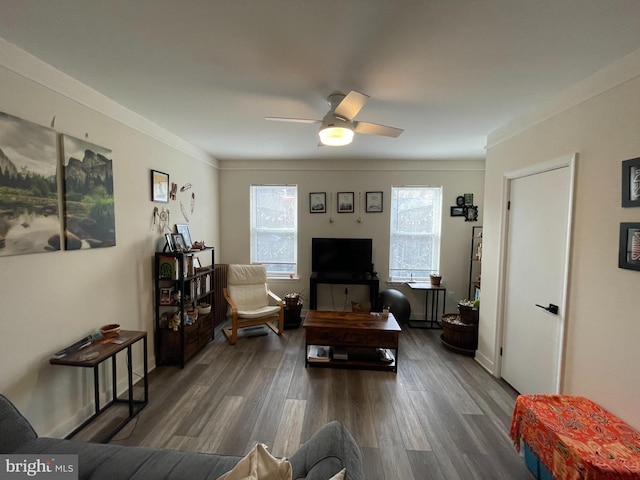 living area featuring wood finished floors and ceiling fan