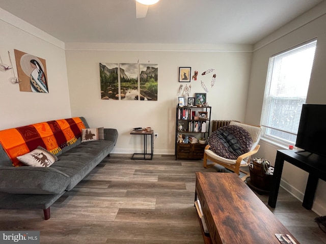 living room featuring ornamental molding, baseboards, and wood finished floors