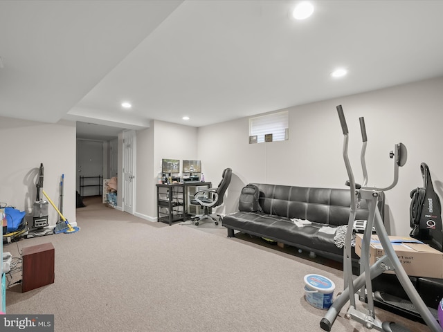 workout room with recessed lighting and carpet floors