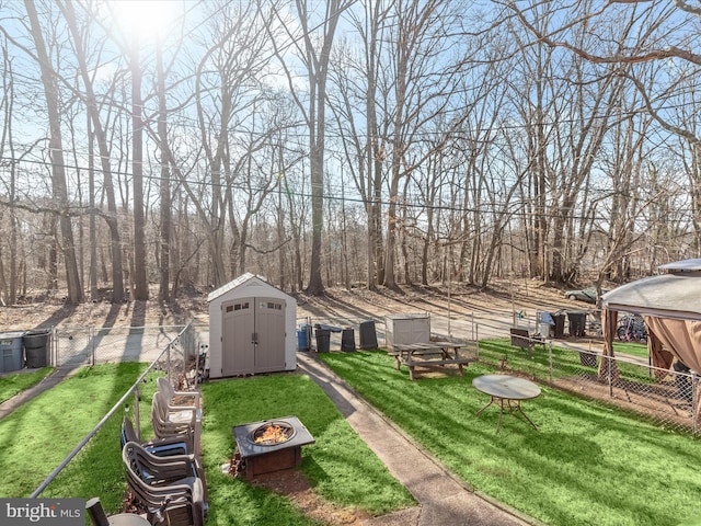 view of yard featuring an outdoor structure, a fire pit, a fenced backyard, and a shed