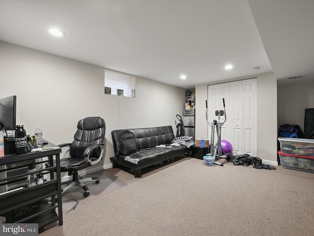 carpeted office with recessed lighting, visible vents, and baseboards