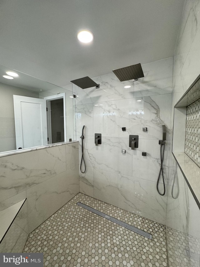 full bath with recessed lighting and a marble finish shower