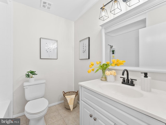 full bathroom featuring visible vents, toilet, tile patterned flooring, walk in shower, and vanity