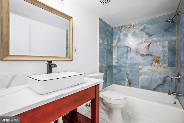 full bath featuring vanity, visible vents,  shower combination, toilet, and marble finish floor