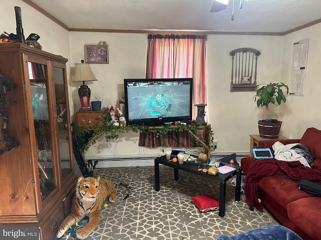 living area with crown molding and ceiling fan