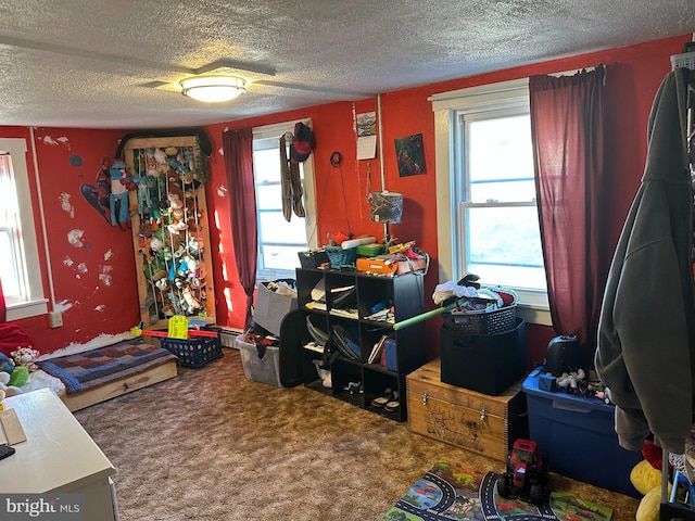 rec room featuring carpet, baseboard heating, and a textured ceiling