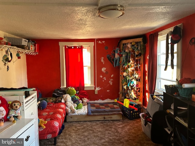 playroom with carpet floors and a textured ceiling