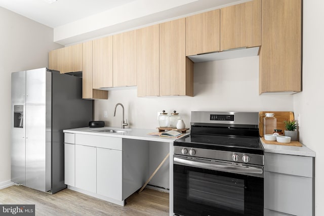 kitchen with light wood-type flooring, light countertops, appliances with stainless steel finishes, modern cabinets, and a sink