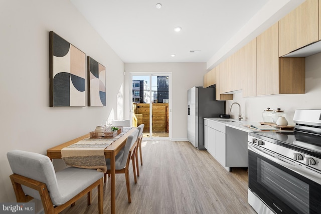kitchen with light wood finished floors, a sink, stainless steel appliances, light countertops, and modern cabinets
