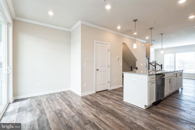 kitchen featuring dark wood-style floors, a sink, baseboards, and stainless steel dishwasher