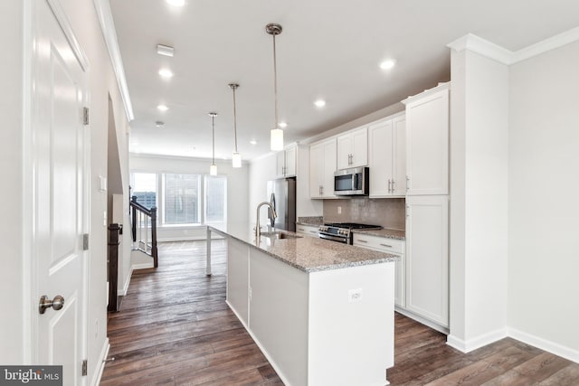 kitchen featuring dark wood-type flooring, an island with sink, appliances with stainless steel finishes, and ornamental molding