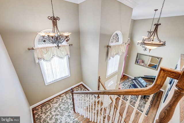 entrance foyer with plenty of natural light, wood finished floors, and ornamental molding