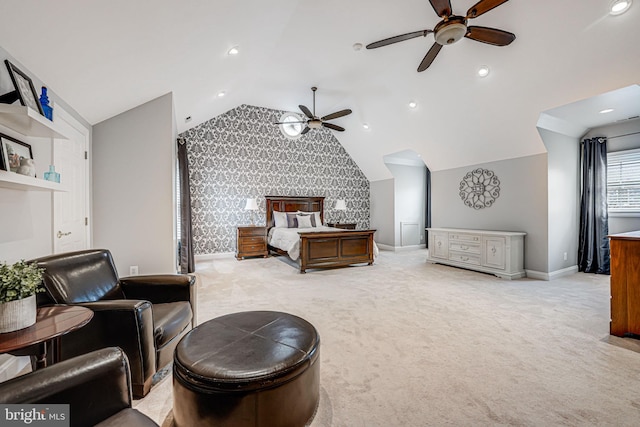 carpeted bedroom featuring lofted ceiling, recessed lighting, wallpapered walls, baseboards, and an accent wall