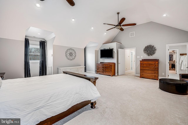 bedroom with visible vents, a ceiling fan, recessed lighting, baseboards, and light colored carpet