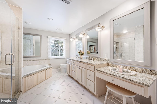 bathroom with visible vents, a garden tub, toilet, a stall shower, and tile patterned flooring