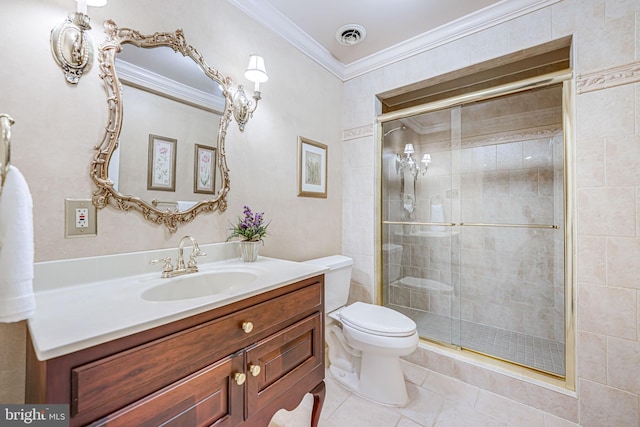 full bath with crown molding, toilet, visible vents, and a stall shower