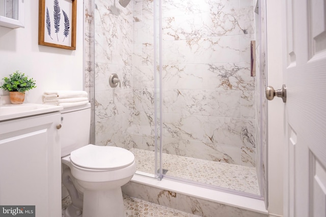 bathroom with toilet, a stall shower, and vanity