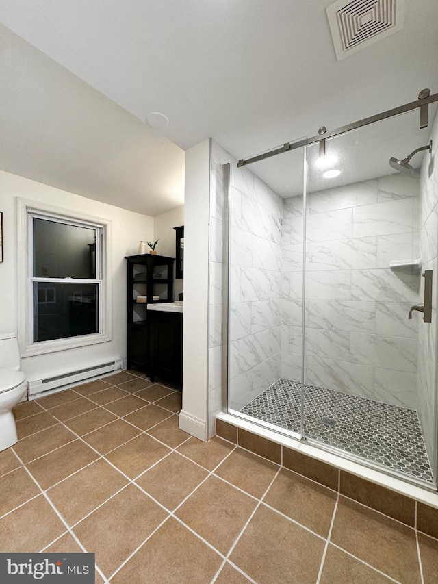 full bathroom featuring visible vents, a baseboard radiator, a stall shower, tile patterned flooring, and toilet