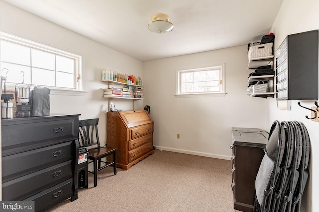 office area with light colored carpet and baseboards