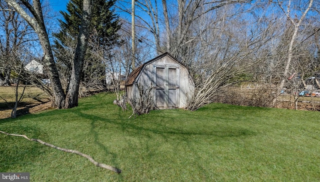 view of yard featuring a storage shed and an outdoor structure