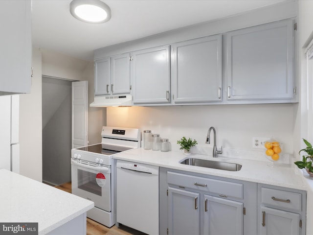 kitchen featuring under cabinet range hood, white appliances, gray cabinets, and a sink