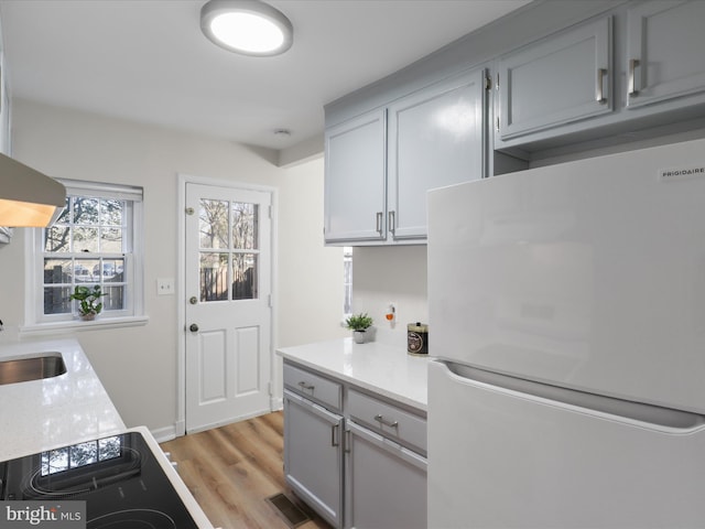 kitchen featuring visible vents, light countertops, light wood-type flooring, freestanding refrigerator, and a sink