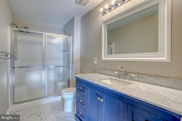 bathroom with visible vents, a shower stall, toilet, marble finish floor, and vanity