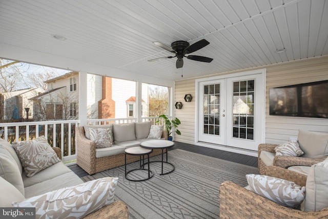 exterior space featuring french doors, wood ceiling, and a ceiling fan