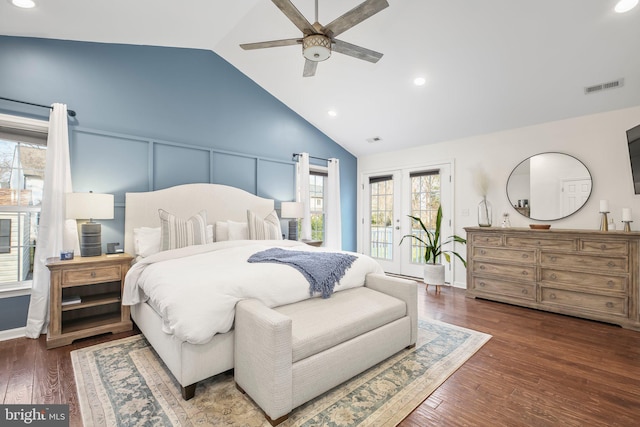 bedroom with wood finished floors, visible vents, lofted ceiling, recessed lighting, and access to outside