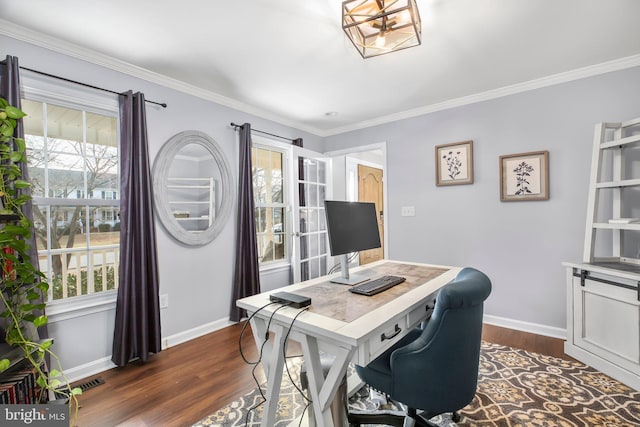 home office with dark wood-style floors, baseboards, and ornamental molding