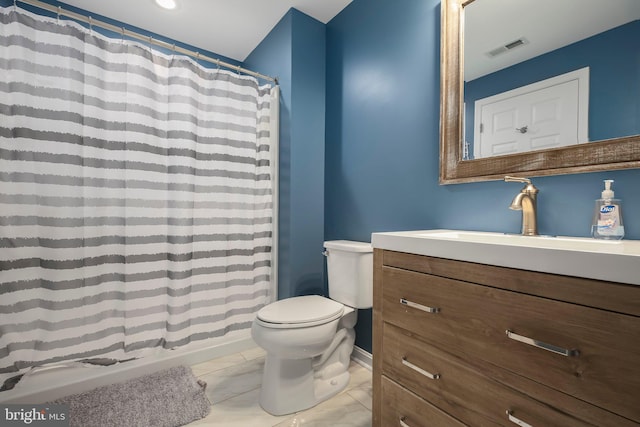 full bathroom featuring tile patterned floors, visible vents, toilet, a shower with curtain, and vanity