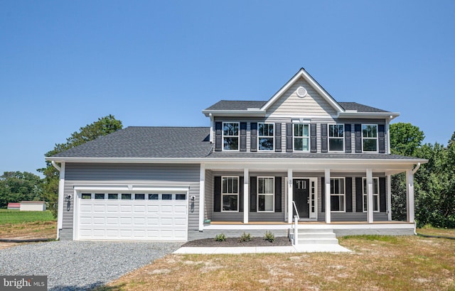 view of front facade featuring gravel driveway, a porch, an attached garage, and a shingled roof