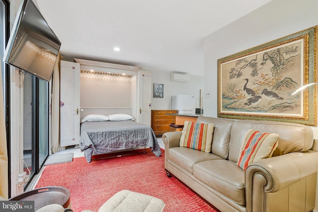 carpeted bedroom featuring recessed lighting and a wall unit AC