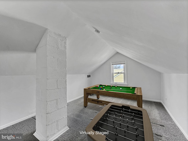 rec room featuring lofted ceiling, carpet, and billiards