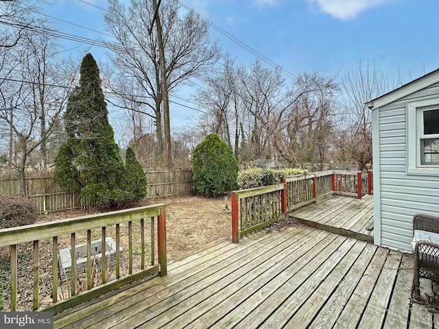 wooden terrace with a fenced backyard