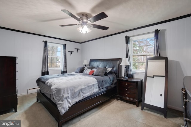 bedroom with light carpet, ornamental molding, a ceiling fan, and a baseboard radiator